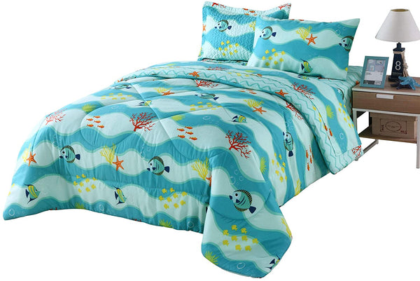 5pcs/7pcs Boys Girls Comforter Set Kids Comforter Set Bedding Set Include Sheet Set Bunk Beds for Children Twin/Full/ 277 Fish Comforter