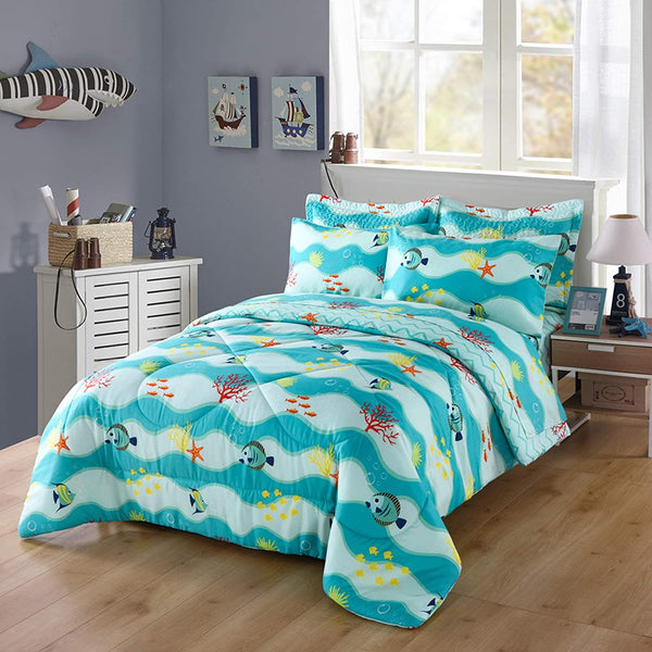 5pcs/7pcs Boys Girls Comforter Set Kids Comforter Set Bedding Set Include Sheet Set Bunk Beds for Children Twin/Full/ 277 Fish Comforter