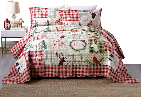3 Piece Rustic Lodge Deer Quilt Christmas Quilt Quilted Bedspread Printed Quilt Quilt Set Bedding Throw Blanket Coverlet Lightweight Bedspread Ensemble/ Snowman Quilt