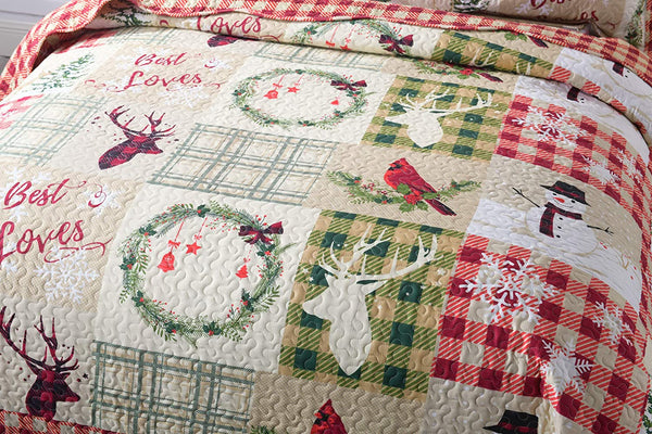 3 Piece Rustic Lodge Deer Quilt Christmas Quilt Quilted Bedspread Printed Quilt Quilt Set Bedding Throw Blanket Coverlet Lightweight Bedspread Ensemble/ Snowman Quilt